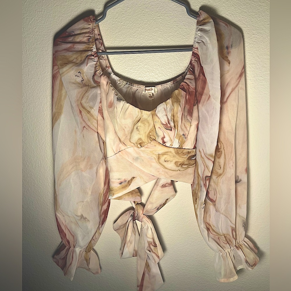 Sheer printed long sleeve crop top blouse